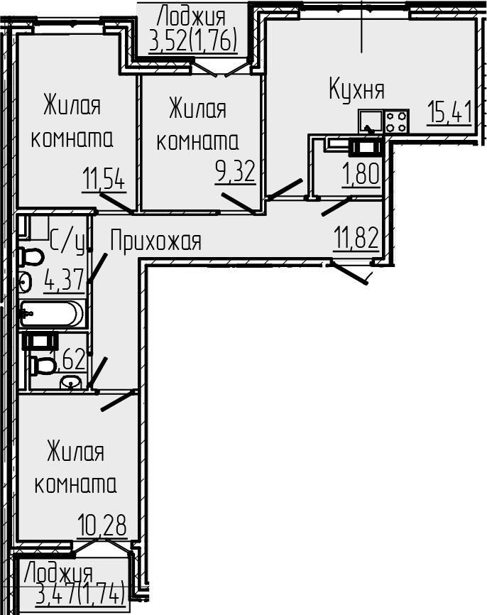 3-комнатная квартира 69.66 м², 4/8 эт., ЖК «SERTOLOVO PARK»